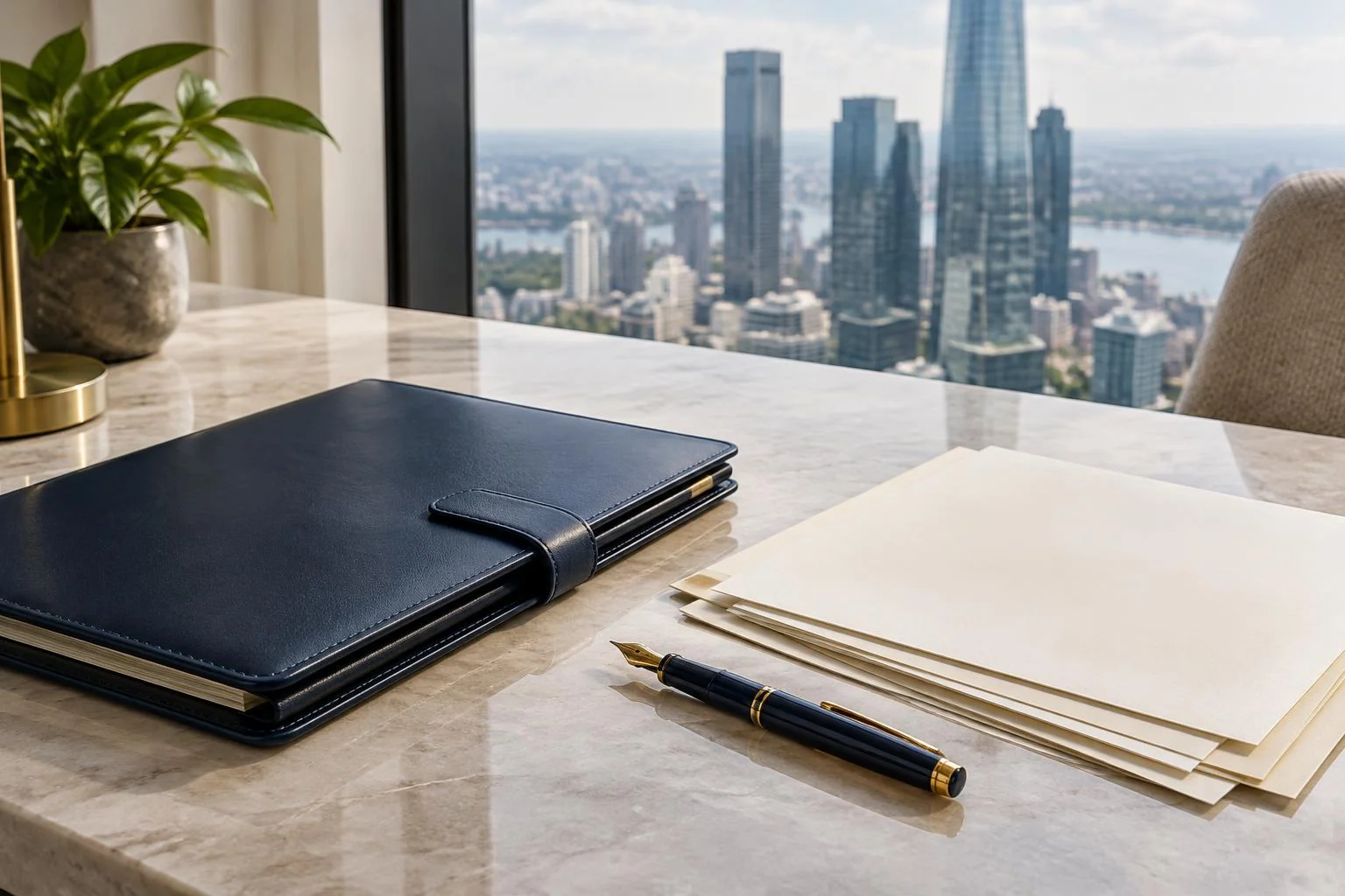 Navy folio and unmarked documents beside a city-facing window